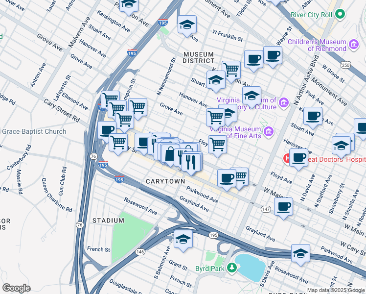 map of restaurants, bars, coffee shops, grocery stores, and more near 3208 Ellwood Avenue in Richmond