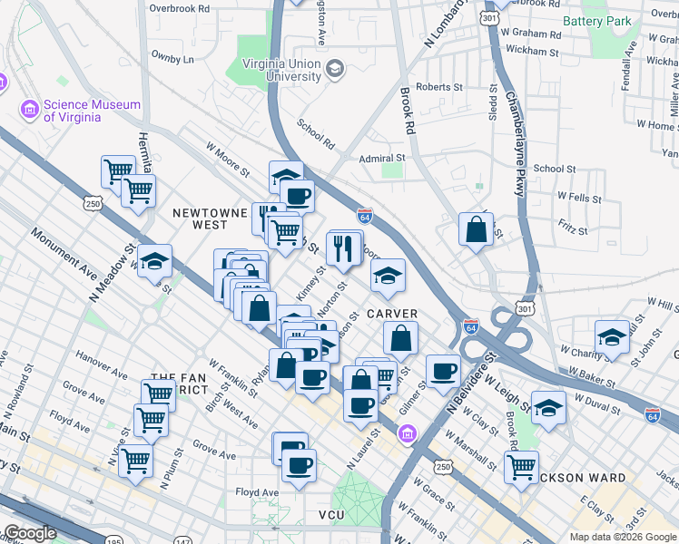 map of restaurants, bars, coffee shops, grocery stores, and more near 1303 West Leigh Street in Richmond