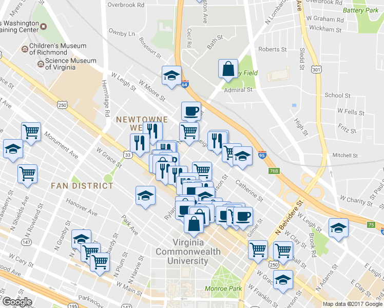 map of restaurants, bars, coffee shops, grocery stores, and more near 1409 Catherine Street in Richmond