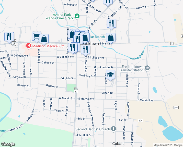 map of restaurants, bars, coffee shops, grocery stores, and more near 309 South Mine La Motte Avenue in Fredericktown