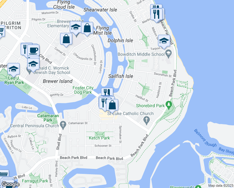 map of restaurants, bars, coffee shops, grocery stores, and more near 305 Bowfin Street in Foster City
