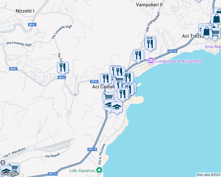map of restaurants, bars, coffee shops, grocery stores, and more near 65 Via Dietro le Mura in Aci Castello