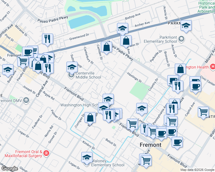 map of restaurants, bars, coffee shops, grocery stores, and more near 3601 Eggers Drive in Fremont