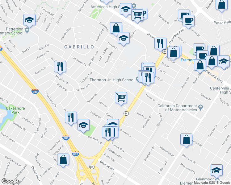 map of restaurants, bars, coffee shops, grocery stores, and more near 4567 Balboa Way in Fremont