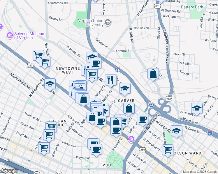 map of restaurants, bars, coffee shops, grocery stores, and more near 1303 West Leigh Street in Richmond