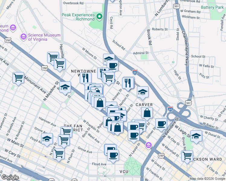 map of restaurants, bars, coffee shops, grocery stores, and more near 1409 Catherine Street in Richmond