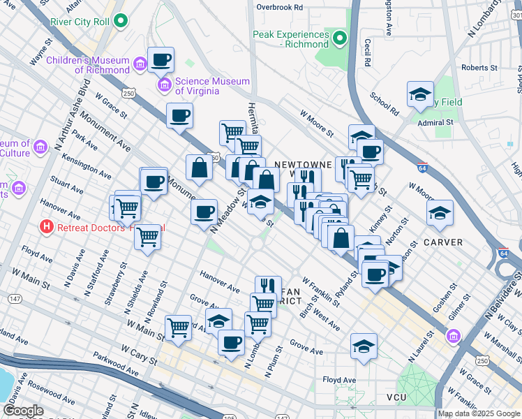 map of restaurants, bars, coffee shops, grocery stores, and more near 1818 West Grace Street in Richmond