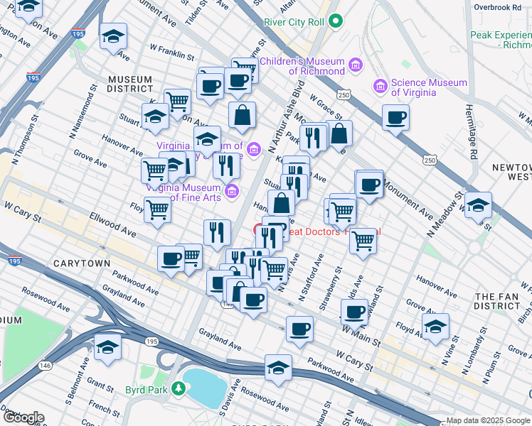 map of restaurants, bars, coffee shops, grocery stores, and more near 2614 Hanover Avenue in Richmond