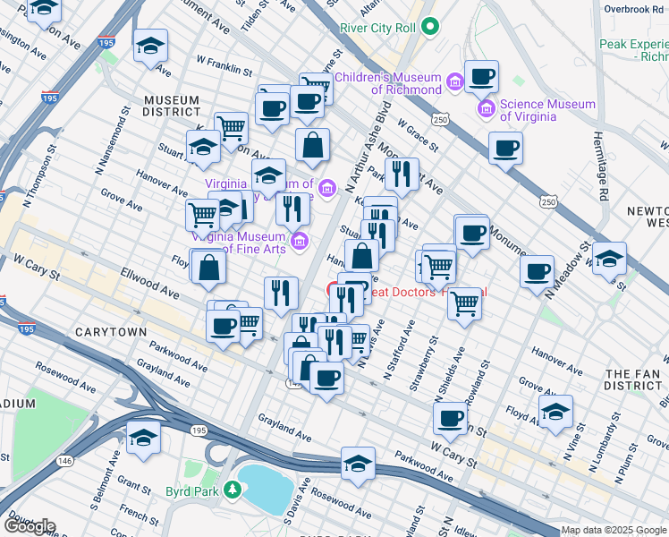 map of restaurants, bars, coffee shops, grocery stores, and more near 219 North Arthur Ashe Boulevard in Richmond