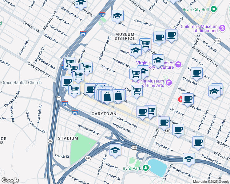 map of restaurants, bars, coffee shops, grocery stores, and more near 3210 Ellwood Avenue in Richmond