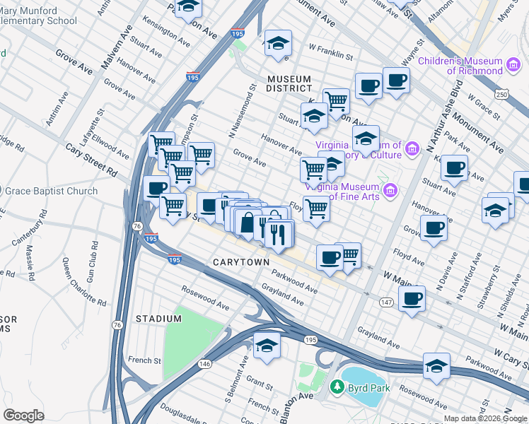 map of restaurants, bars, coffee shops, grocery stores, and more near 3210 Ellwood Avenue in Richmond