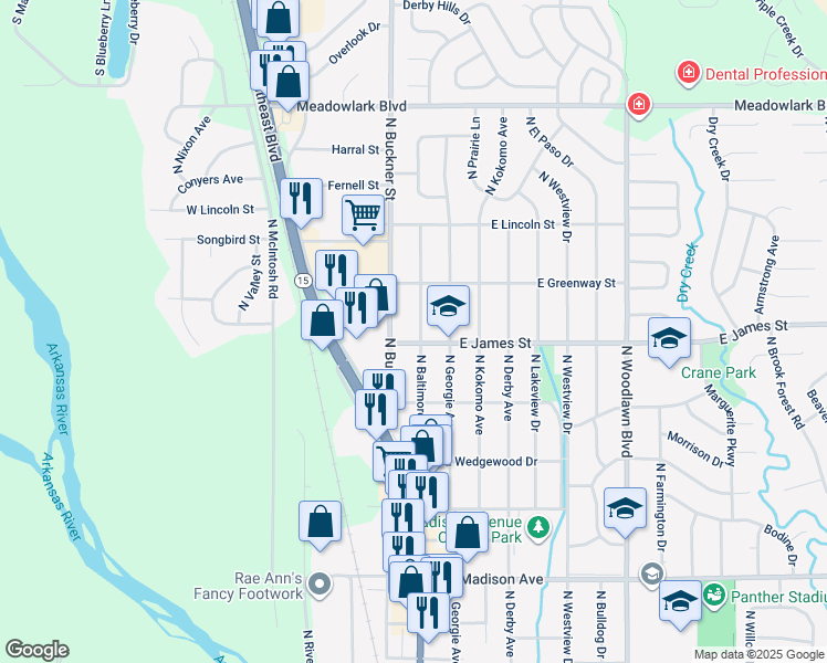 map of restaurants, bars, coffee shops, grocery stores, and more near 1109 North Baltimore Avenue in Derby