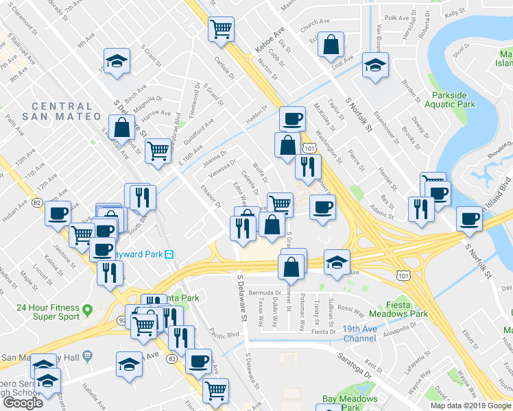 map of restaurants, bars, coffee shops, grocery stores, and more near 1750 Celeste Drive in San Mateo