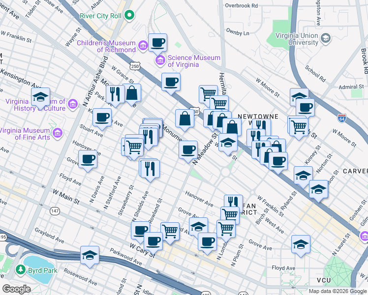 map of restaurants, bars, coffee shops, grocery stores, and more near 2025 Monument Avenue in Richmond