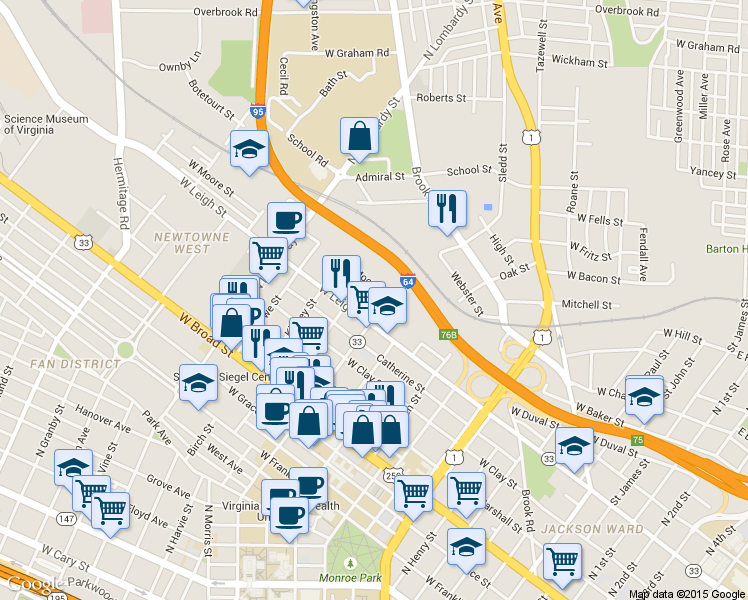 map of restaurants, bars, coffee shops, grocery stores, and more near 1016 North Harrison Street in Richmond