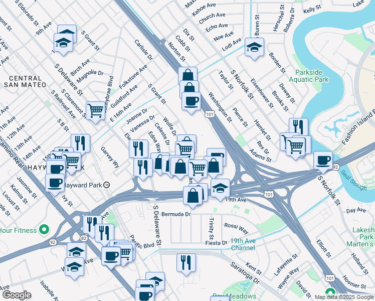 map of restaurants, bars, coffee shops, grocery stores, and more near 1762 South Grant Street in San Mateo