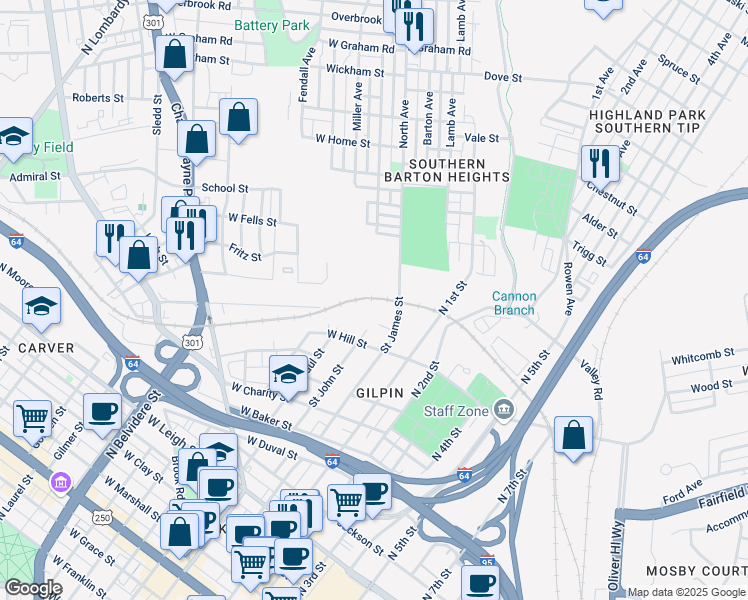 map of restaurants, bars, coffee shops, grocery stores, and more near 1400 Rose Avenue in Richmond