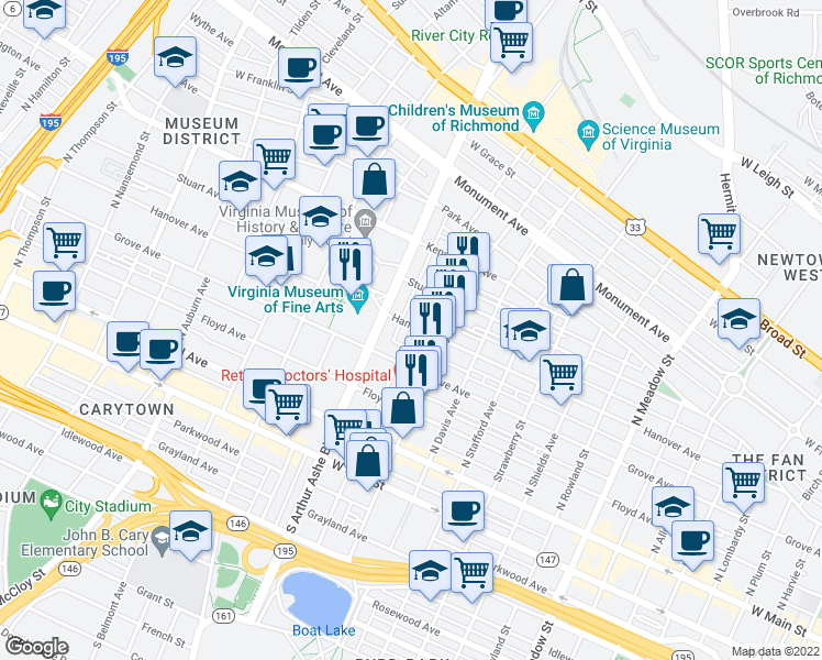 map of restaurants, bars, coffee shops, grocery stores, and more near 2614 Hanover Avenue in Richmond