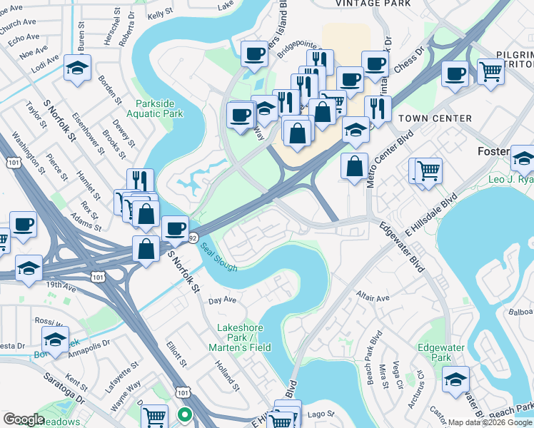 map of restaurants, bars, coffee shops, grocery stores, and more near 1644 Vista Del Sol in San Mateo
