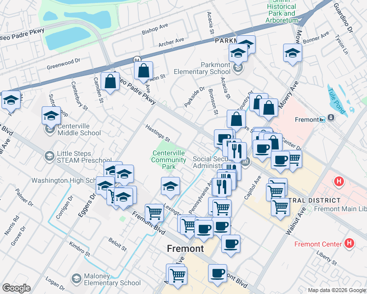 map of restaurants, bars, coffee shops, grocery stores, and more near 38440 Hastings Street in Fremont