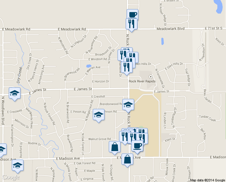 map of restaurants, bars, coffee shops, grocery stores, and more near 1625 East James Street in Derby