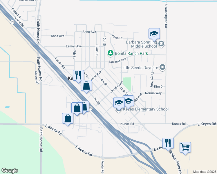 map of restaurants, bars, coffee shops, grocery stores, and more near 5563 9th Street in Keyes