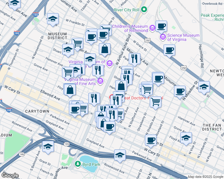 map of restaurants, bars, coffee shops, grocery stores, and more near 2705 Hanover Avenue in Richmond