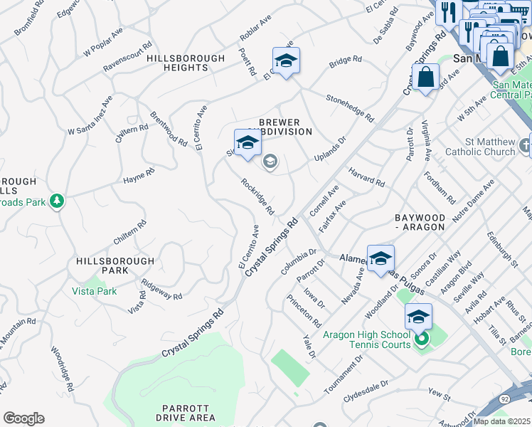 map of restaurants, bars, coffee shops, grocery stores, and more near 90 Rockridge Road in Hillsborough