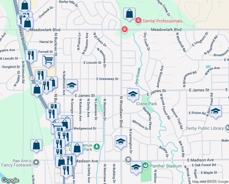 map of restaurants, bars, coffee shops, grocery stores, and more near 1108 North El Paso Drive in Derby