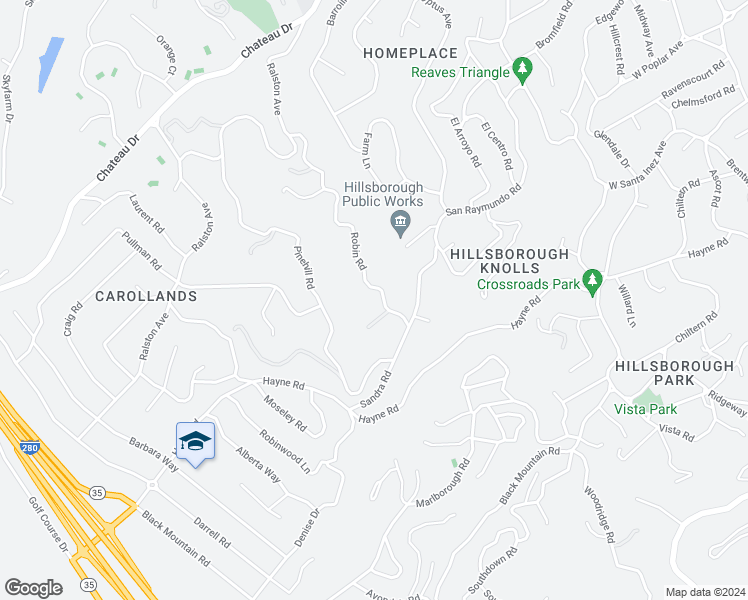 map of restaurants, bars, coffee shops, grocery stores, and more near 240 Robin Road in Hillsborough