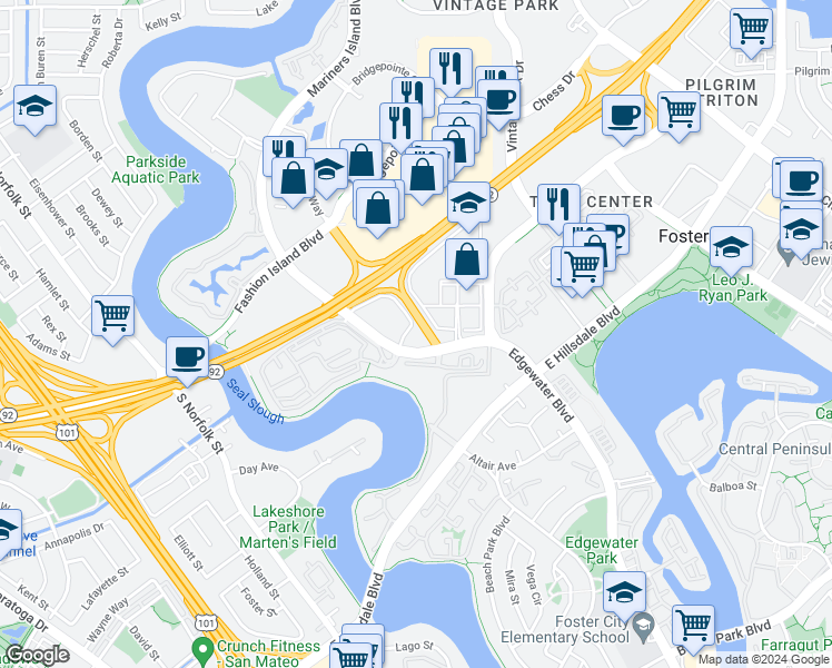 map of restaurants, bars, coffee shops, grocery stores, and more near 2001 Winward Way in San Mateo