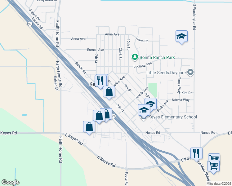 map of restaurants, bars, coffee shops, grocery stores, and more near 5517 8th Street in Keyes