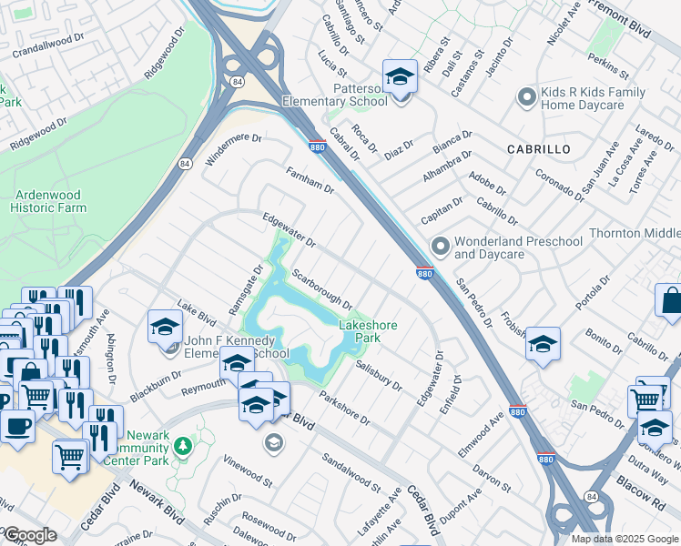 map of restaurants, bars, coffee shops, grocery stores, and more near 5022 Dorking Court in Newark