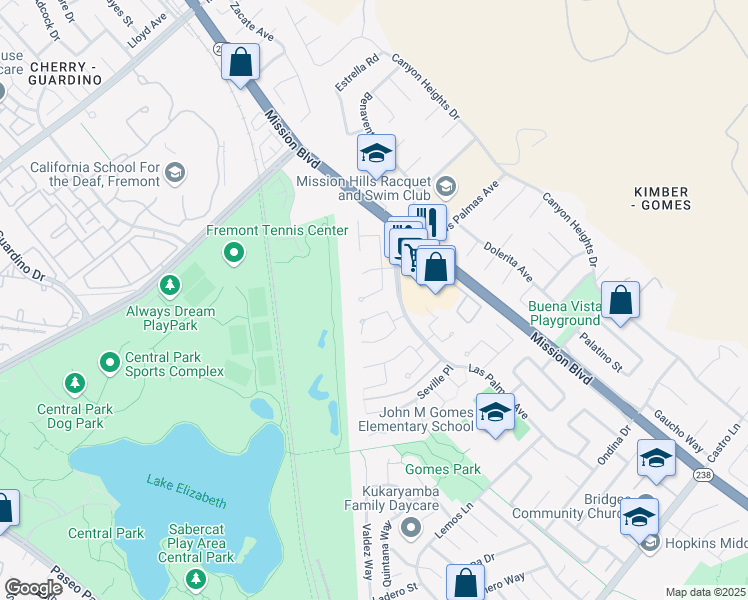 map of restaurants, bars, coffee shops, grocery stores, and more near 39956 San Simeon Court in Fremont