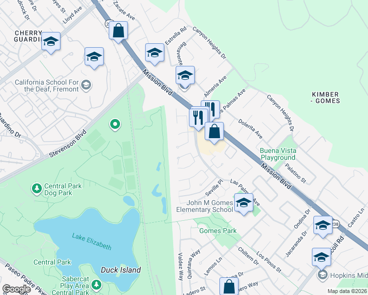 map of restaurants, bars, coffee shops, grocery stores, and more near 39956 San Simeon Court in Fremont