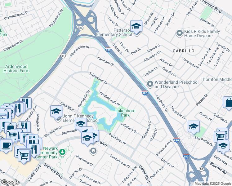 map of restaurants, bars, coffee shops, grocery stores, and more near 5022 Dorking Court in Newark