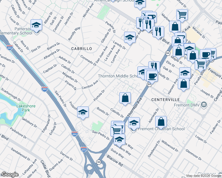 map of restaurants, bars, coffee shops, grocery stores, and more near 36604 Melero Common in Fremont