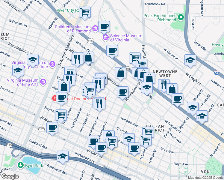 map of restaurants, bars, coffee shops, grocery stores, and more near 2042 Park Avenue in Richmond