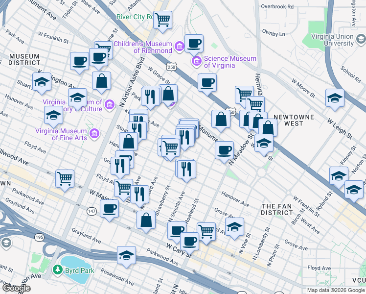 map of restaurants, bars, coffee shops, grocery stores, and more near 2312 Stuart Avenue in Richmond
