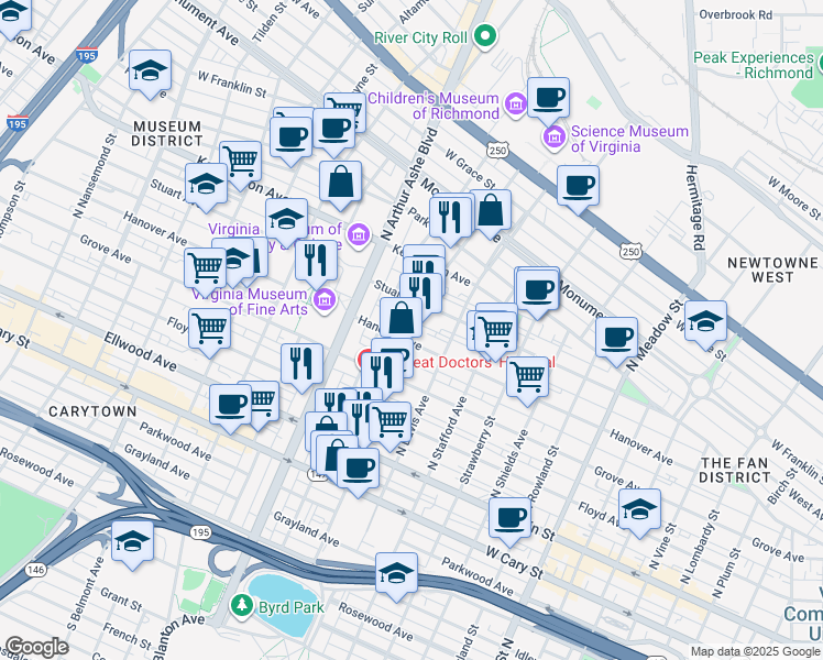map of restaurants, bars, coffee shops, grocery stores, and more near 2614 Hanover Avenue in Richmond
