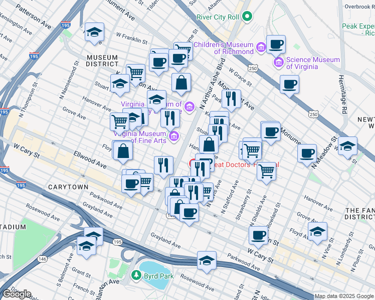 map of restaurants, bars, coffee shops, grocery stores, and more near 219 North Arthur Ashe Boulevard in Richmond