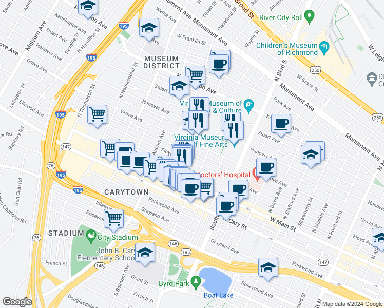 map of restaurants, bars, coffee shops, grocery stores, and more near 101 North Belmont Avenue in Richmond
