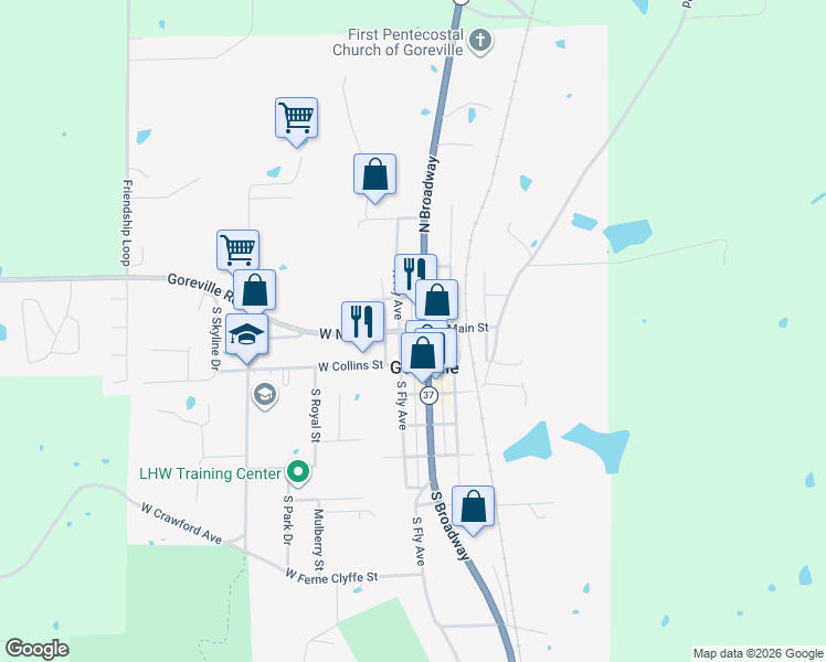 map of restaurants, bars, coffee shops, grocery stores, and more near 200 West Main Street in Goreville