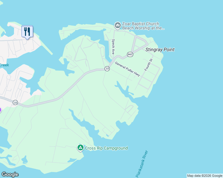 map of restaurants, bars, coffee shops, grocery stores, and more near 173 Gillim Road in Deltaville