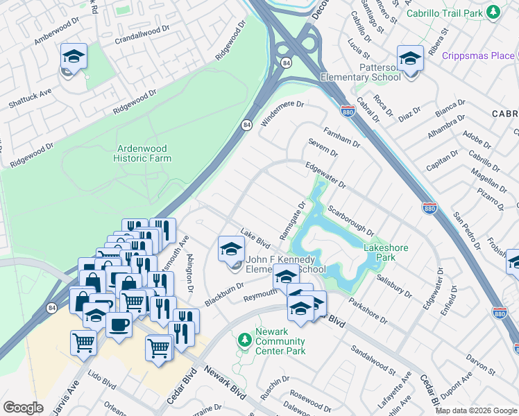 map of restaurants, bars, coffee shops, grocery stores, and more near 35321 Cheviot Court in Newark