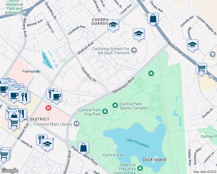 map of restaurants, bars, coffee shops, grocery stores, and more near 1301b Guardino Drive in Fremont
