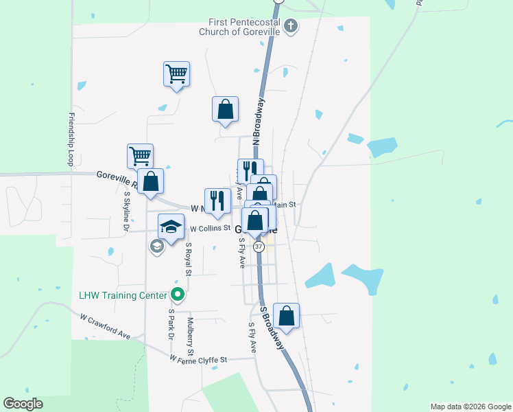 map of restaurants, bars, coffee shops, grocery stores, and more near 200 West Main Street in Goreville