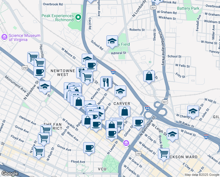 map of restaurants, bars, coffee shops, grocery stores, and more near 1214 West Leigh Street in Richmond