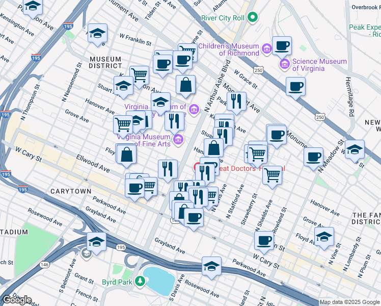 map of restaurants, bars, coffee shops, grocery stores, and more near 219 North Arthur Ashe Boulevard in Richmond