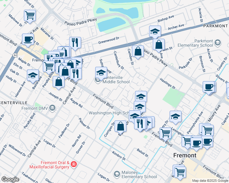 map of restaurants, bars, coffee shops, grocery stores, and more near 38050 Fremont Boulevard in Fremont
